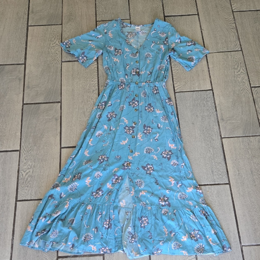 Anko Blue Floral Button Down Maxi Dress Short Flutter Sleeve Boho Viscose Size 8